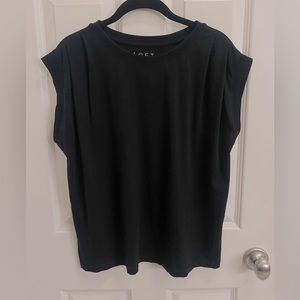 LOFT cap sleeve tee shirt with pleats at shoulder. Color is black in Size-Medium